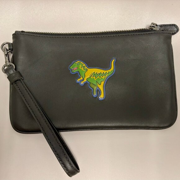 Black leather Coach wristlet with embossed Tyrannosaurus Rex - Picture 1 of 5